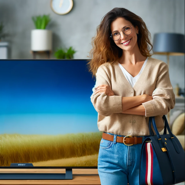 after we fix your tv you'll be as satisfied as this lady standing in front of her repaired TV