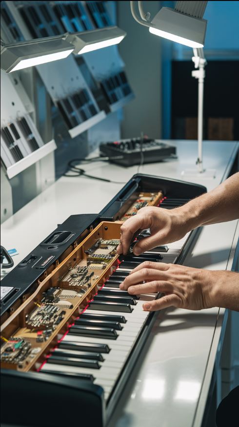 hands helping electric piano repair