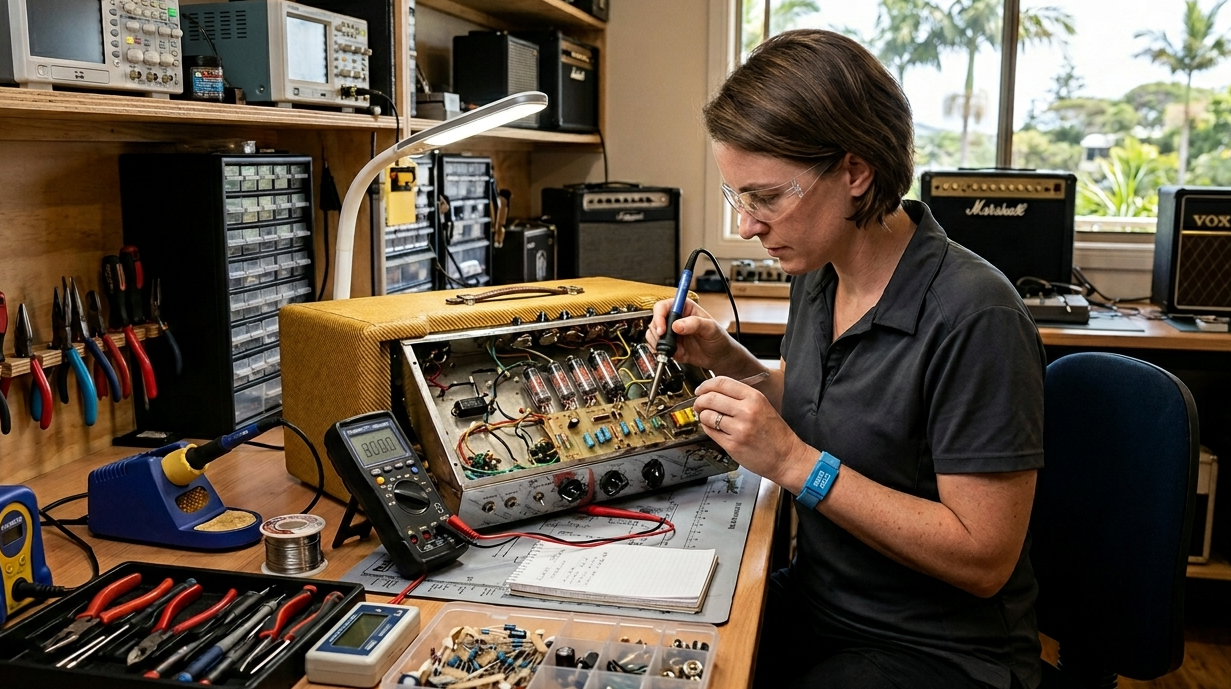 rofessional music equipment repair technician fixing a guitar amplifier in a Sunshine Coast workshop