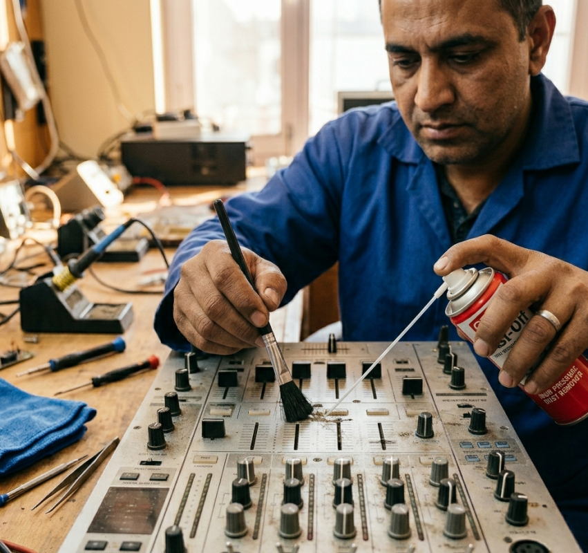 DJ equipment crossfader being cleaned at Brocky's Electronics Sunshine Coast