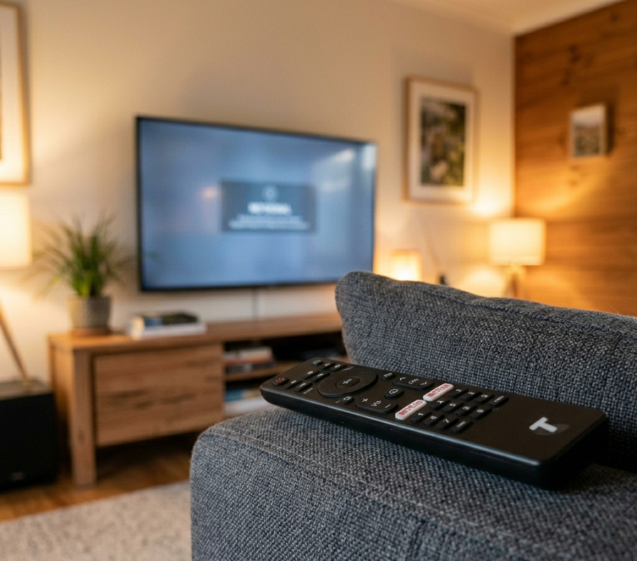 TV remote on couch with blurred TV showing no signal screen in background