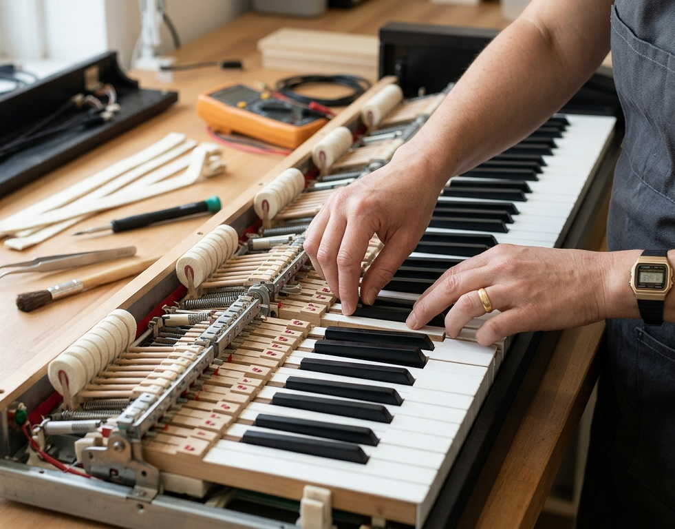 Digital piano repair technician inspecting keybed mechanism Sunshine Coast workshop