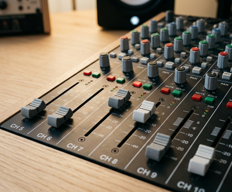 Audio mixer fader panel close-up needing repair Sunshine Coast

