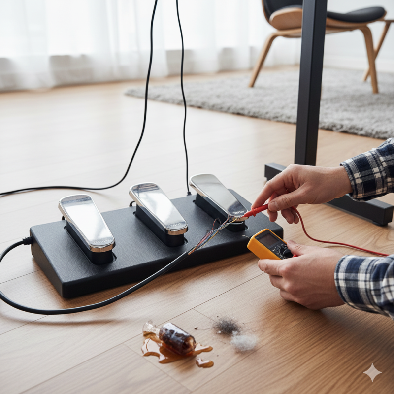 Musician testing a digital piano sustain pedal for connection issues