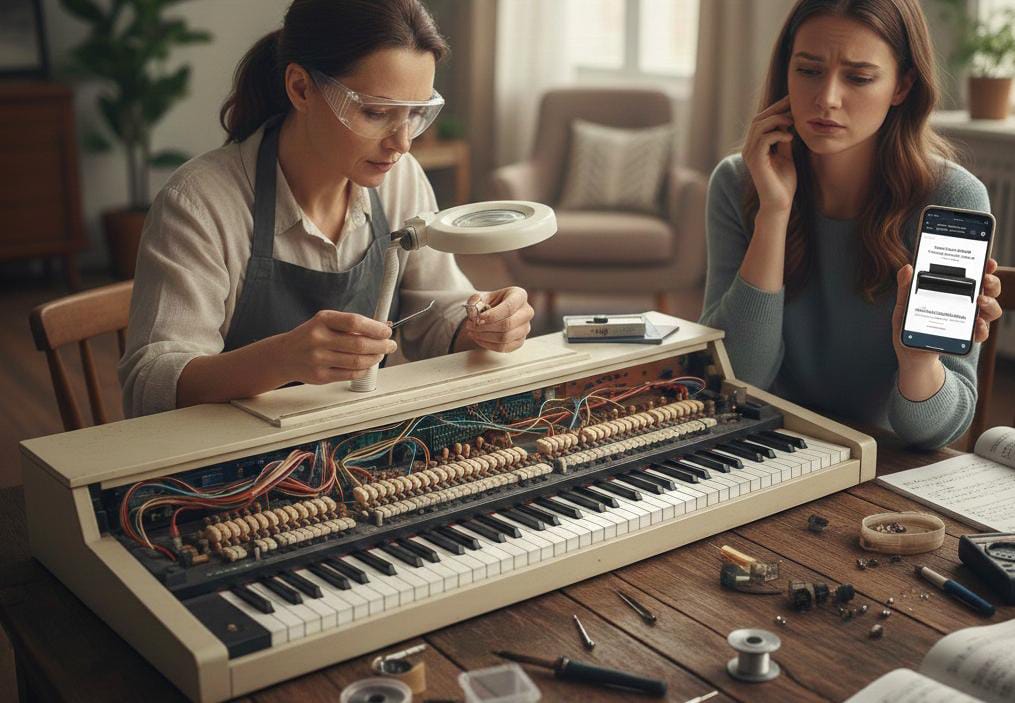 Technician repairing an older digital piano by checking internal components