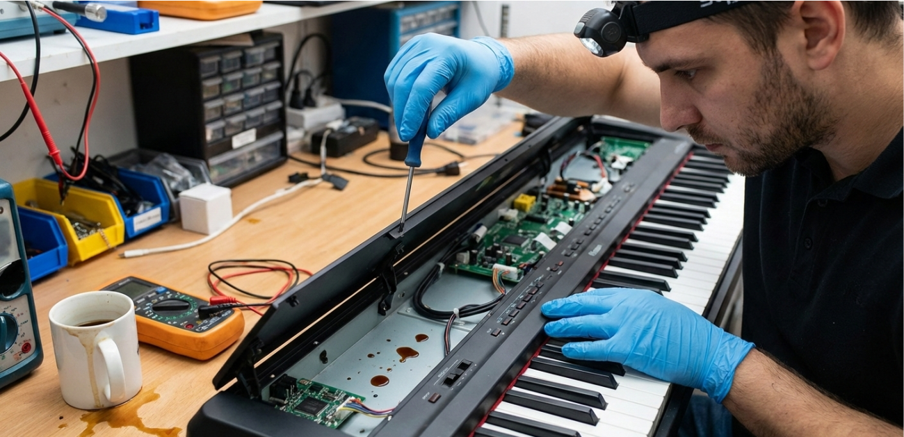 Technician inspecting internal components of a digital piano after liquid spill damage.