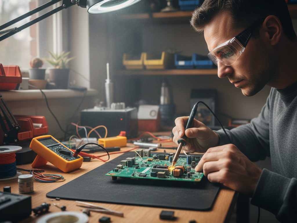 Home electronics repair technician soldering circuit board at Brocky's Electronics Sunshine Coast