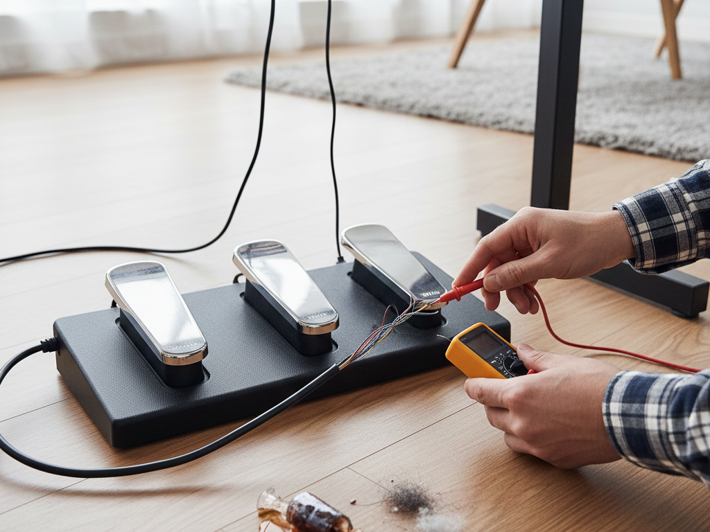 Musician testing a digital piano sustain pedal for connection issues