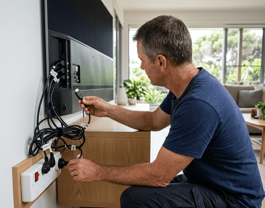 Man checking HDMI and power cable connections behind a smart TV while troubleshooting faulty electronics at home.