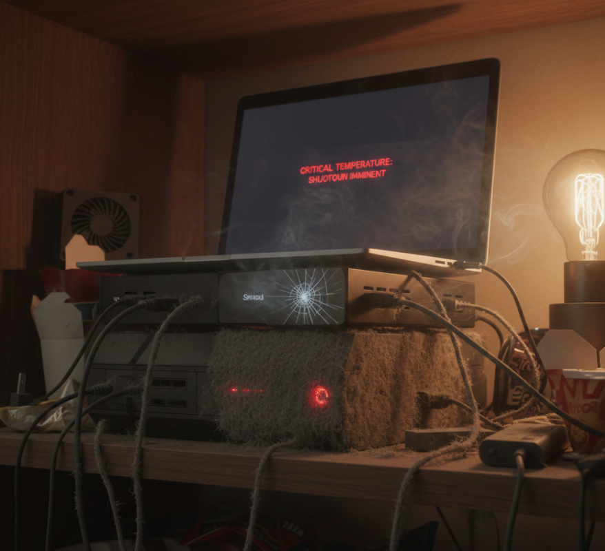 Overheated home electronics caused by blocked airflow and dust buildup