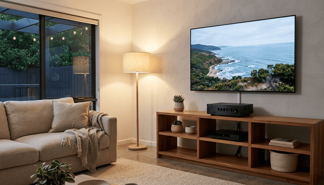 Home electronics properly ventilated on open shelf Sunshine Coast living room