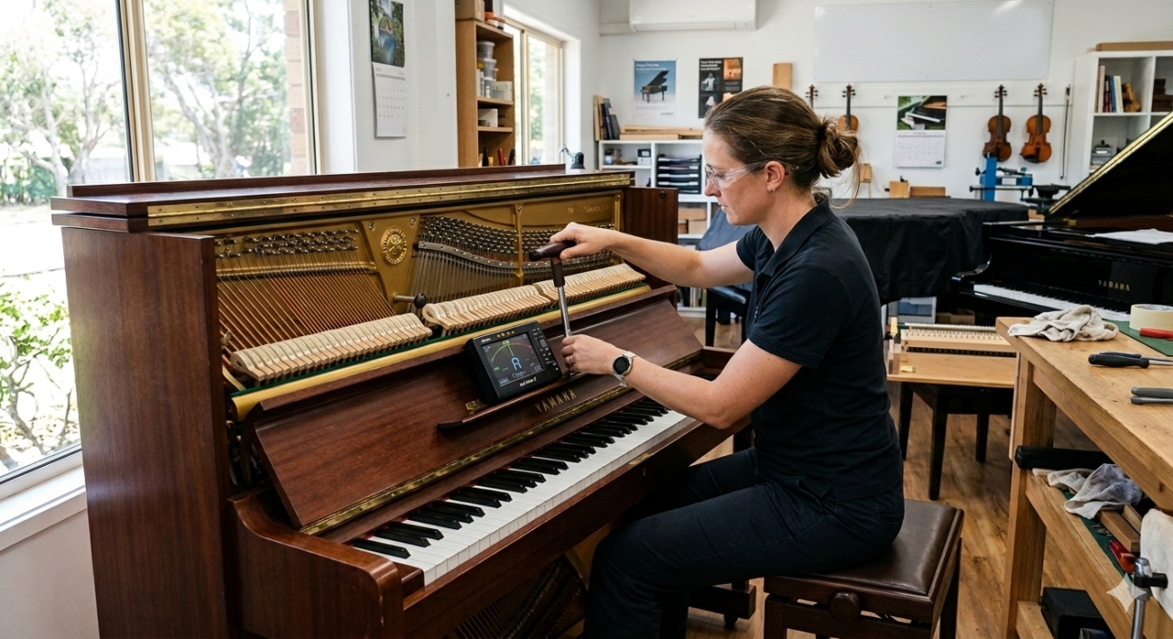 Piano technician performing Piano tuning Sunshine Coast service on upright piano in repair workshop