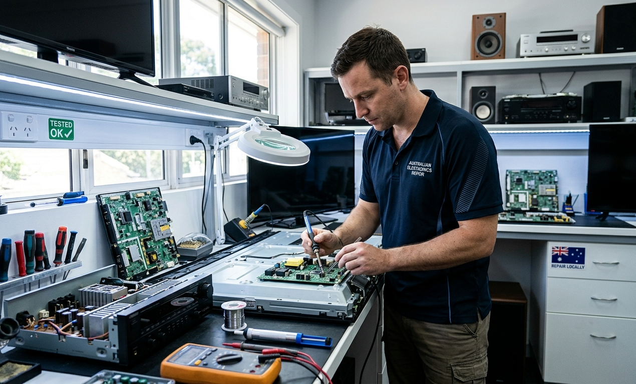 Technician fixing audio equipment motherboard