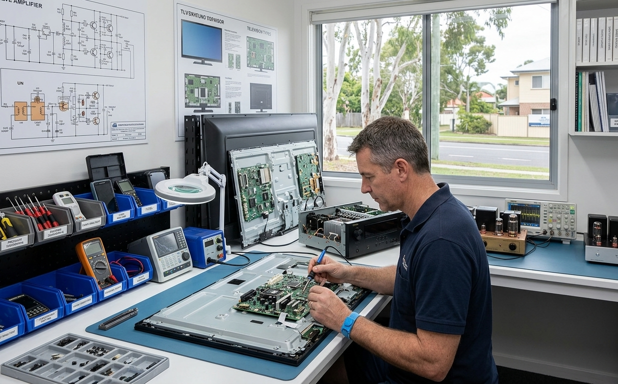 Technician repairing TV motherboard to fix a common electronics problems