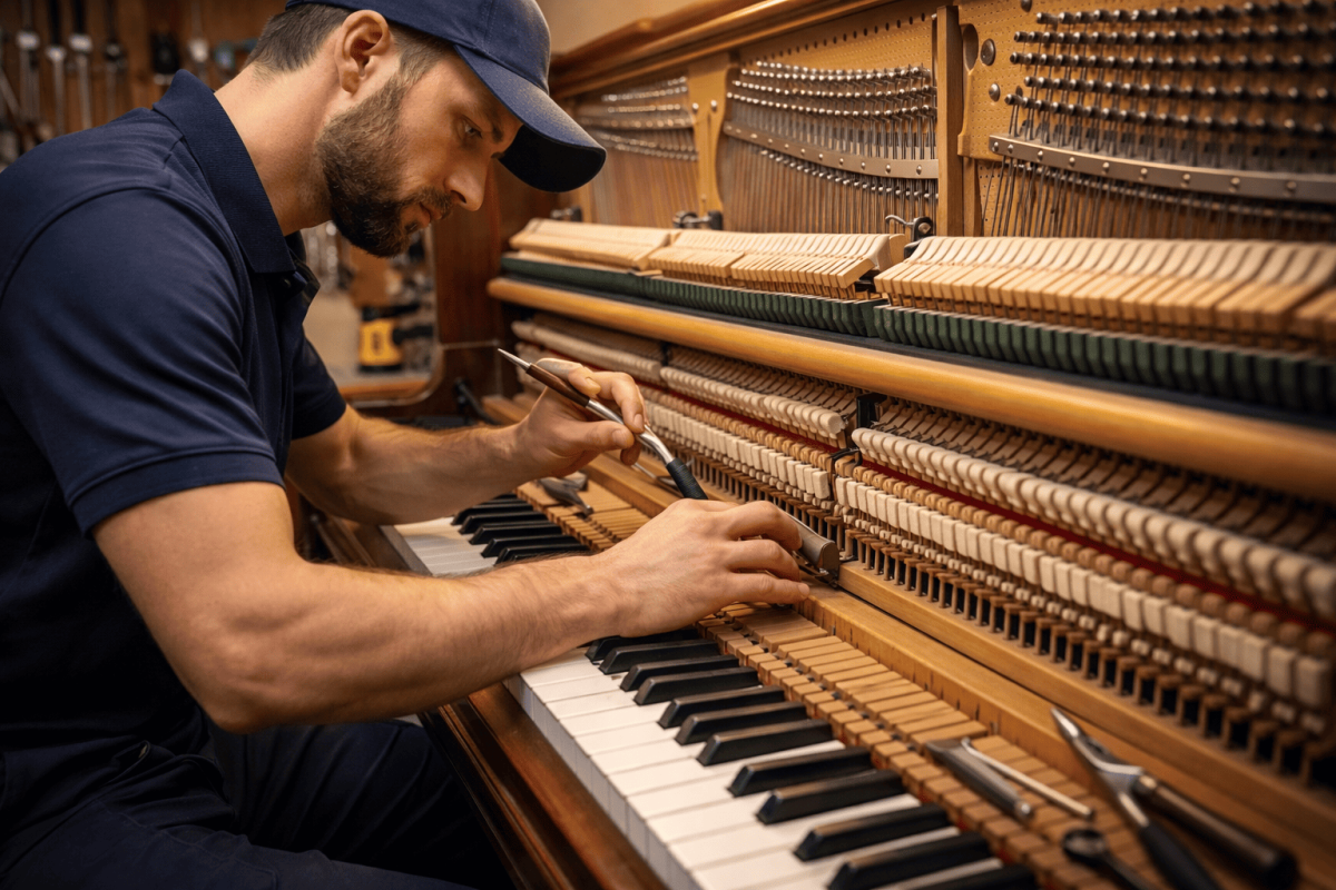 Technician repairing piano keys and internal action mechanism in music workshop