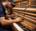 Technician repairing piano keys and internal action mechanism in music workshop