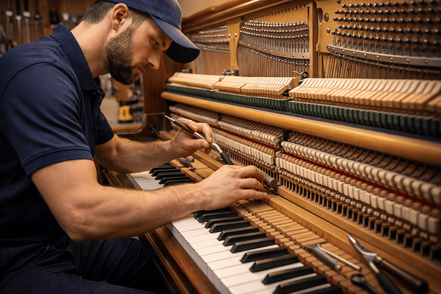 Technician repairing piano keys and internal action mechanism in music workshop