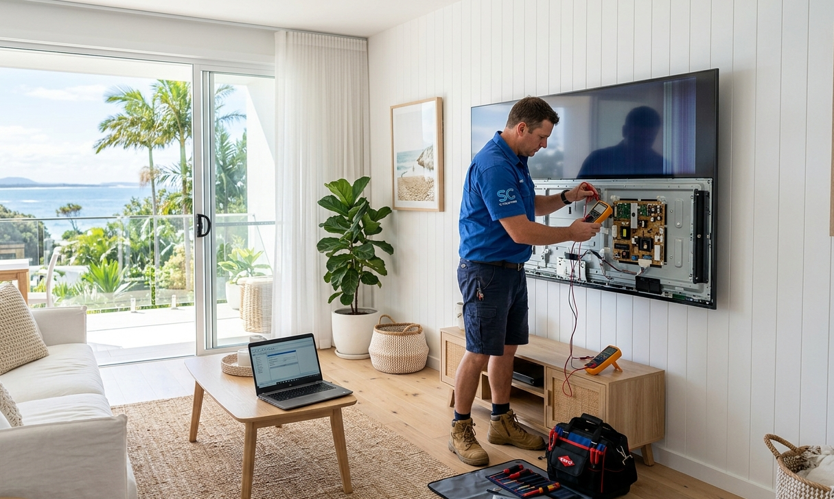 TV Not Working technician repairing smart TV in Sunshine Coast home