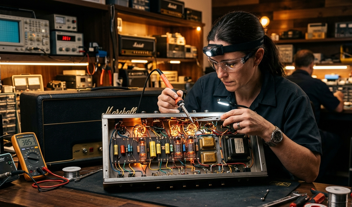 Valve amplifier repair with glowing vacuum tubes and detailed internal components