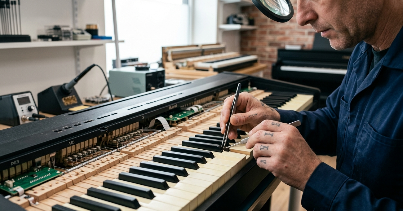 Digital piano keys not working being repaired by technician