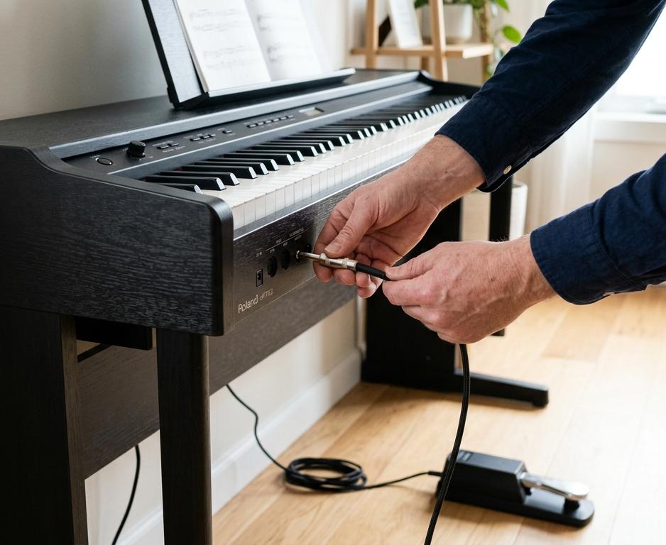 Technician checking digital piano sustain pedal connection at Sunshine Coast