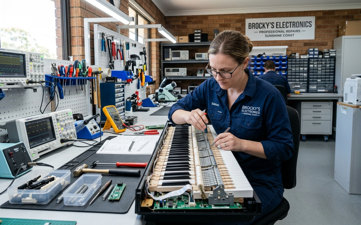 Technician fixing common digital piano problems at Brocky’s Electronics Sunshine Coast