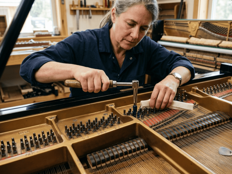 Piano tuner adjusting strings inside an acoustic piano on the Sunshine Coast