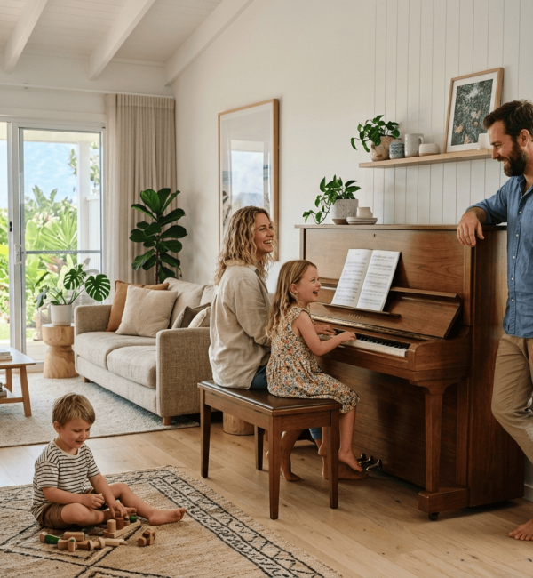 Family enjoying a professionally tuned piano in a Sunshine Coast home