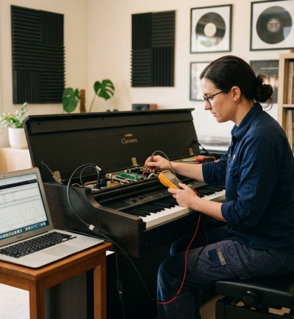 Technician diagnosing a digital piano fault in a Sunshine Coast home