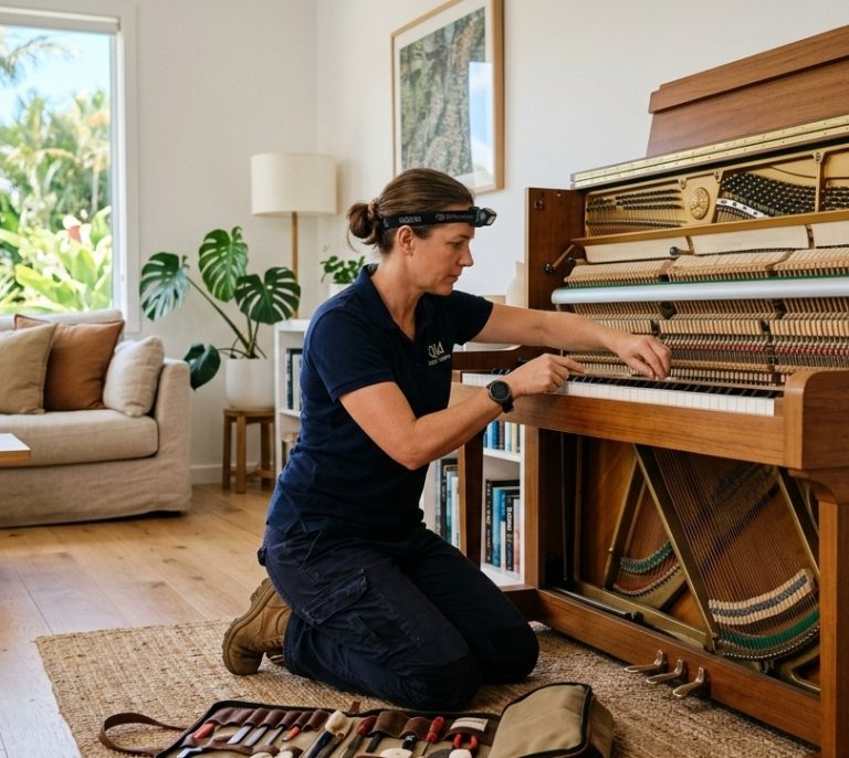 Piano technician performing home piano repair in a Sunshine Coast home