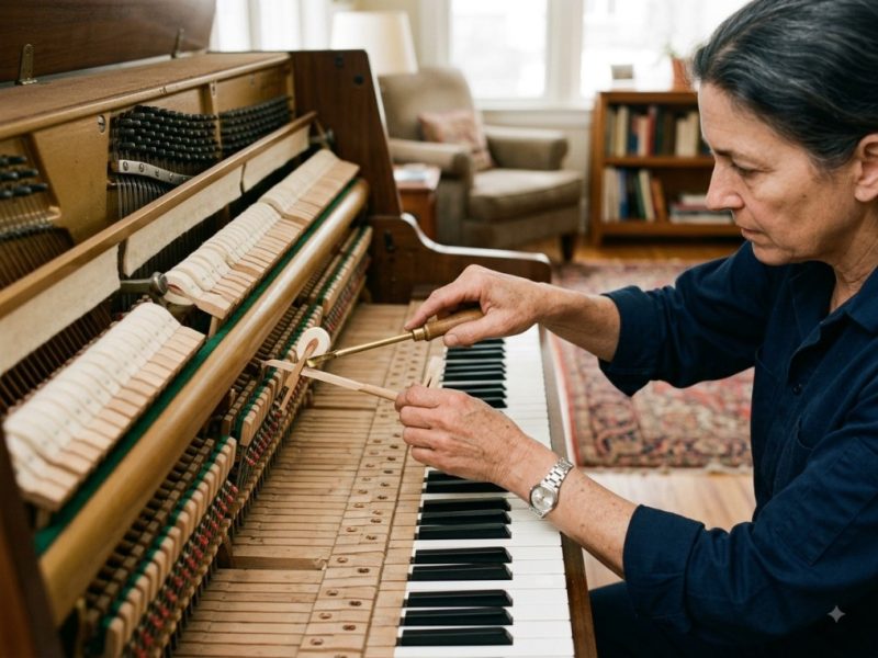 Piano technician inspecting piano action and keys during onsite repair