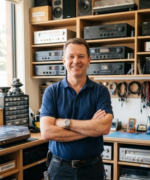 Experienced audio equipment repair technician standing in a workshop stocked with amplifiers, receivers and speakers