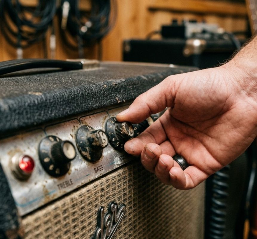 Close-up of guitar amp volume knob and potentiometer