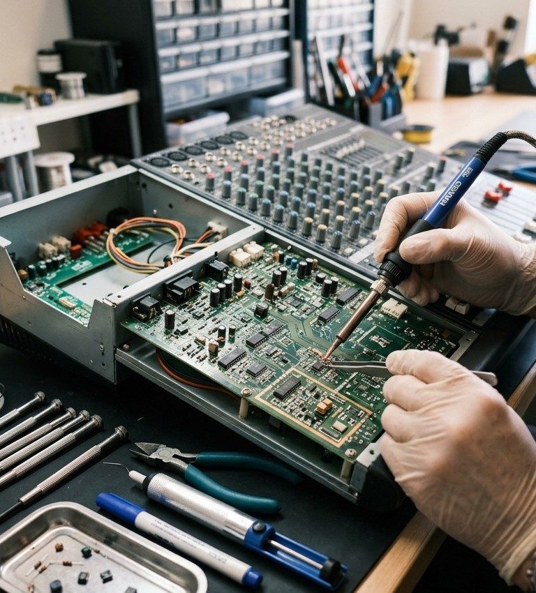 Audio Equipment Repair Sunshine Coast — technician performing component-level circuit board repair on an audio mixer