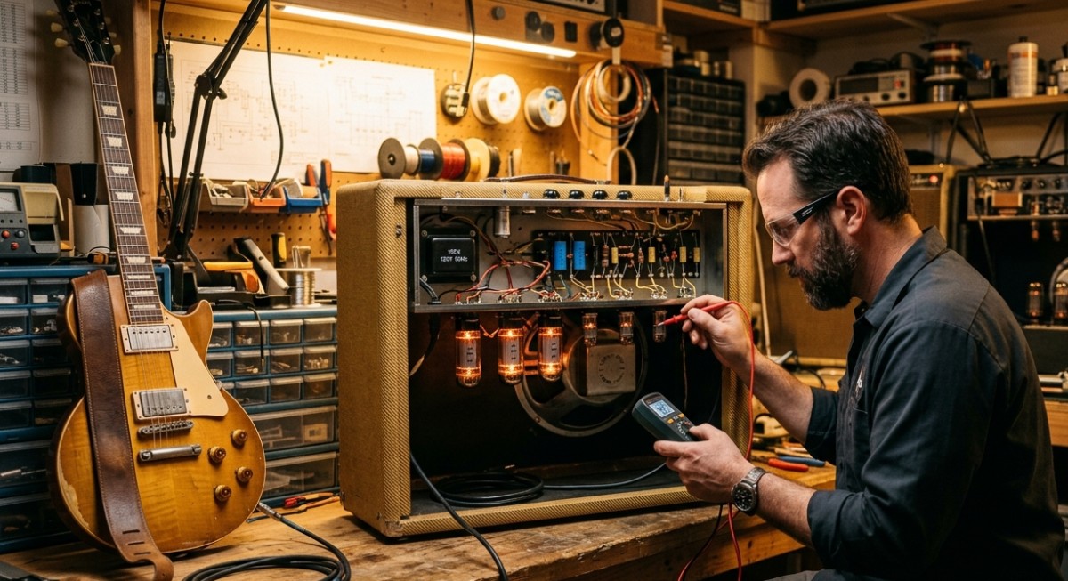 Guitar amplifier repair Sunshine Coast technician diagnosing crackling sound