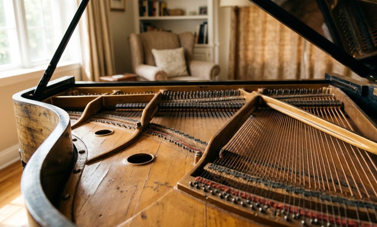 Piano technician inspecting soundboard for humidity damage Sunshine Coast