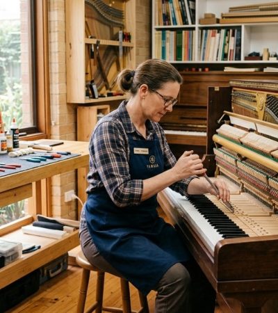 Technician repairing a Yamaha upright piano in a Sunshine Coast workshop