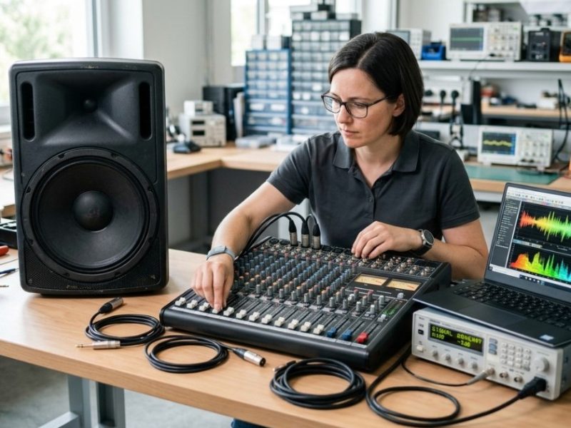 Technician testing a repaired PA speaker and audio mixer with signal analysis software