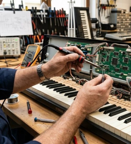 Technician soldering a Yamaha digital piano circuit board during repair