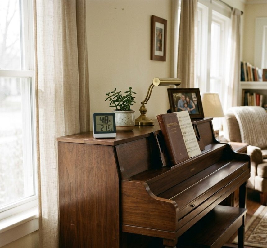 Hygrometer measuring humidity levels near a piano for climate control