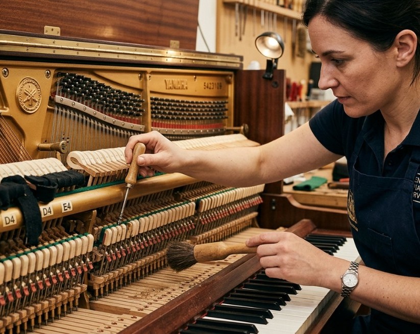 Piano technician cleaning and adjusting the keys and action of a Yamaha upright piano