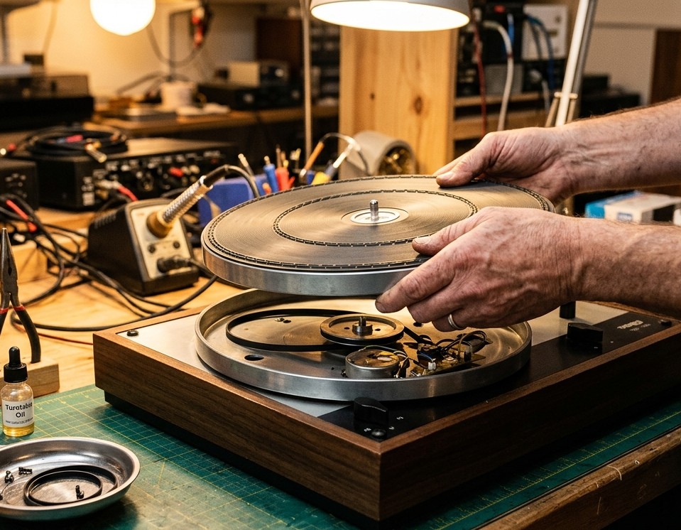 Technician diagnosing turntable motor and speed issues
