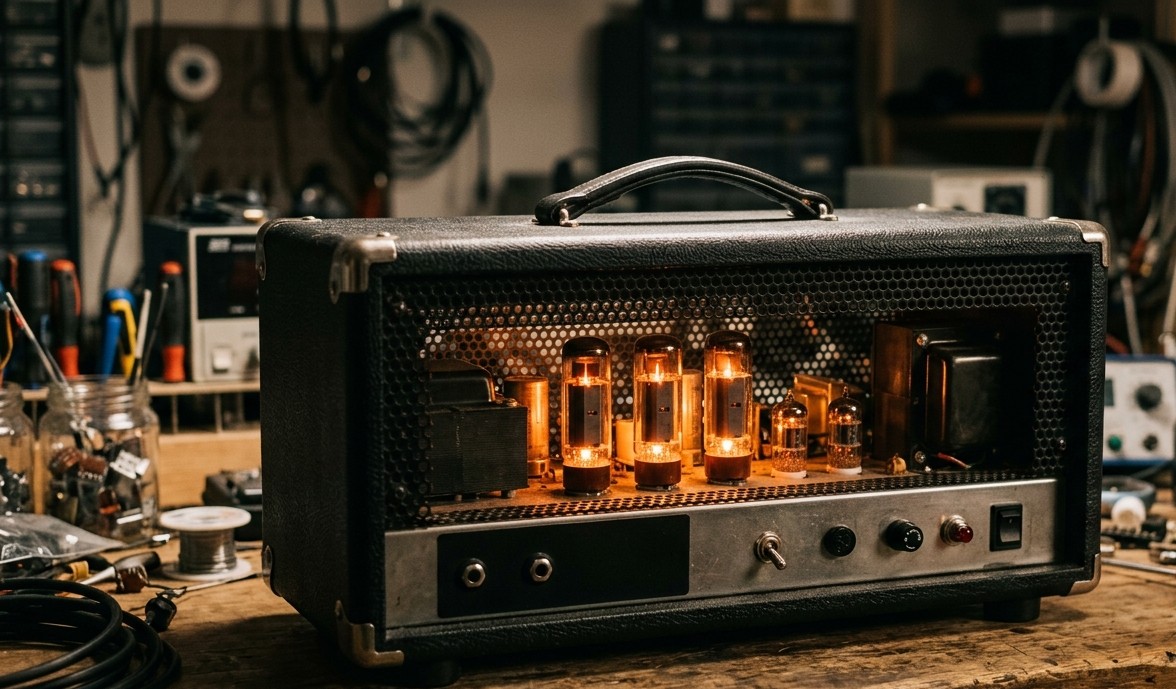Valve amp humming guitar amplifier with glowing tubes on a workbench, Sunshine Coast